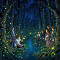 technicolor swamp at night fire flies, bioluminescence, vines, by takehiko inoue and kim jung gi and hiroya oku by thomas kinkade and greg rutkowski and ilyaku, trending on artstation, photorealistic, high resolution, 8 k, octane, hyper detailed, trending on deviantart insane details, intricate, elite, ornate, elegant trend, highly detailed and intricate, sharp focus, photography, unreal engine