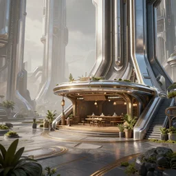 a tavern in a sci - fi fantasy city, dnd, futuristic, chrome, geometric, beautiful, soft light, ultra detailed, matte painting, unreal engine, 4 k