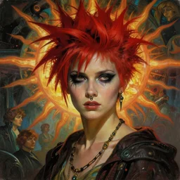 stunning, breathtaking, awe-inspiring award-winning concept art nouveau painting of an attractive female punk with messy eyeliner, a septum piercing, and extremely short spikey hair dyed bright red, as the goddess of the sun, with anxious, piercing eyes, by Alphonse Mucha, Michael Whelan, William Adolphe Bouguereau, John Williams Waterhouse, and Donato Giancola, cyberpunk, extremely moody lighting, glowing light and shadow, atmospheric, cinematic, 8K