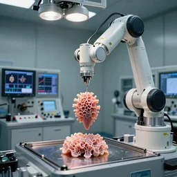 a complex thick bifurcated robotic cnc surgical arm cybernetic symbiosis hybrid mri 3 d printer machine printing some squid embryo organic ceramic fractal forms in inspection laboratory control panel room, lcd screens, knobs, drone camera lens orbs, 3 point lighting, highly detailed larval stage, natural color scheme, photo still from movie by denis villeneuve,
