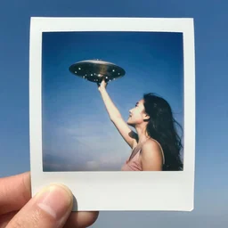 vintage polaroid of a beautiful woman spotting a ufo in the sky, seen from behind, detailed clouds, warm azure tones, red color bleed, film grain