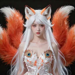 prompt A beautiful head of a white red orange kumiho, translucent silky dress made of peacock tails, a bra made of peacock feathers, close up front view, long clumpy hair in the shape of fox tail, backlit, concept art, matte painting, by Peter Mohrbacher