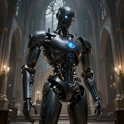 dark robot in a ruined church, intricate, elegant, glowing lights, highly detailed, digital painting, artstation, concept art, smooth, sharp focus, illustration, greg rutkowski, 8 k, very high resolution, processing, extremely hyperdetailed