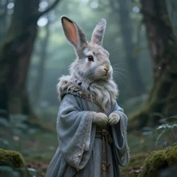 a mystic rabbit druid mage. photorealistic, ethereal, magical forest, bokeh, highly detailed, trending artstation