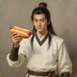 a painting portrait of the last airbender in an arsenal jersey holding a hot dog,