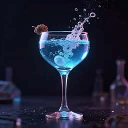 bubbling potion inside a cocktail glass, biopunk digital art, flying particles, 8k