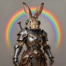 ultra realist soft painting of a steampunk rabbit berserker warrior, very intricate details, rainbow lighting, symmetry features