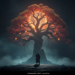 a warrior and a bodhi tree : 6 character design : 2 midnight, illusion, stunning, breathtaking, majestic, asian fantasy, digital render, line art, unreal engine, de - noise, 8 k, volumetric lighting, symmetrical, pronounced features, detailed contrast, scattered mist, glow 3 d alejandro alvarez alena aenami