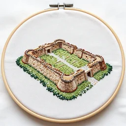 a simple handmade embroidery of the ruins of a roman fort, aerial view. hand stitching