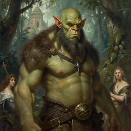 portrait of orc beast chief, forest temple in the background, illustration concept trending pixiv fanbox by wlop and greg rutkowski and caravaggio and rosa bonheur, and william harnett, hyperrealism art