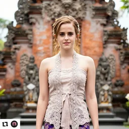 emma watson wearing kebaya bali in bali. temple background. front view. instagram holiday photo shoot, perfect faces, beautiful lighting