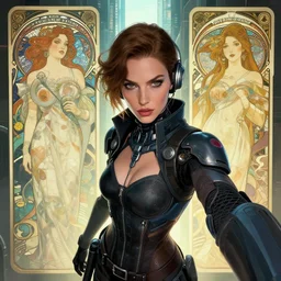 woman wearing cyberpunk clothing in a sci - fi city, detailed, in the style of greg rutkowski and alphonse mucha and lisa frank, selfie