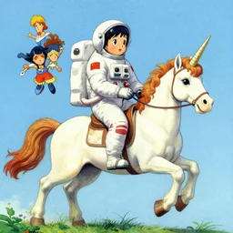 colorful astronaut riding unicorn by george stubbs, skottie young, chie yoshii and sean yoro