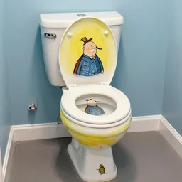photograph of a toilet. the toilet is covered in a painting by richard scarry