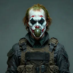 portrait of a pale clown wearing tactical clothes, the clown has a grenade in the nose, cyberpunk, matte painting, trending on artstation, by greg rutkowski, by greg manchess, by eytan zana