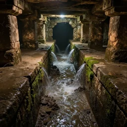 flowing water inside the ancient flooded stone sewers. fantasy art, underground, adventure, wet, standing water, channel, canal, muck, mud, stagnant water, stream, channel, musty, moss, sewage, darkness, underground, catacombs, abandoned spaces, torchlight. mayan ruins.