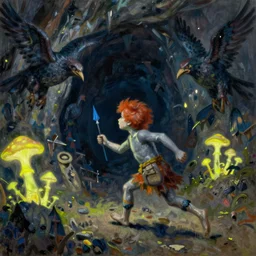 impressionistic painting of a red haired neanderthal boy with grey skin holding a small blue spear running through dark underground caves fleeing from humanoid bird monsters, neon yellow glowing mushrooms, in the style of henry fuseli and beksinski