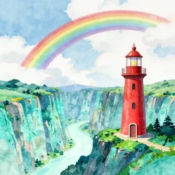 A beautiful landscape with rainbow smoke plumes, cyan cliffs, a crimson lighthouse, vivid landscape, award-winning anime style, wallpaper, relaxing, Watercolor expressionist