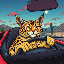 a cat that is a crackhead, driving a lamborghini in tucson arizona, moebius style, cartoony, arcylic painting