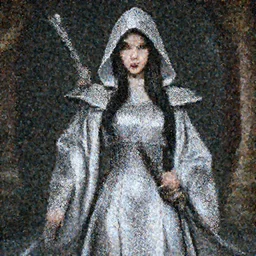 photograph of a real-life beautiful assassin with ornate silver robes and daggers.  Extremely detailed. 8k