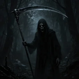 a terrifying scene in the shadows, cool horror, gritty, dismal, creepy, spooky, ominous, eerie, ghostly, macabre, morbid, scythe, pitch black, by greg rutkowski, unreal engine 4 k, artstation