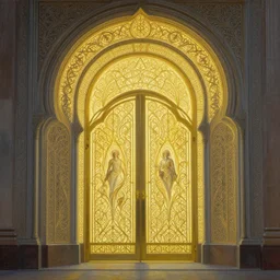 the gates of heaven, beautiful delicacy, glowing portal, flowing arab art deco nouveau brutalist architecture, repeating patterns, tim hildebrandt, wayne barlowe, bruce pennington, donato giancola, trending on artstation, cinematic composition, beautiful lighting, hyper detailed, 8 k, oil on canvas
