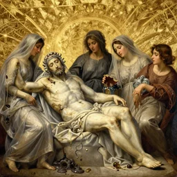 masterpiece ultrarealistic ultradetailed la pieta medium shot painting of catholic veiled transparent ladies with rotting still life, slime, donato giancola, lawrence alma - tadema, immerse, special effects makeup, 1 9 th, maximalist, glittering, gold, ivory, hyperreal, golden ratio, alphonse mucha