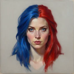 A detailed matte oil on canvas head on symmetrical portrait of a distinguished elven woman with red and blue hair on an empty background,  by Charlie bowater, Lise Deharme, Wlop, trending on artstationhd,  dungeons and dragons art, parted hair ,  half blue,  half red , split dye, critical role