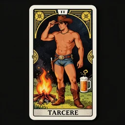 a beautiful tarot! card with a dark background of a handsome shirtless cowboy next to a campfire wearing cowboy hat and boots with a chunky build and beer | homoerotic | art deco, art nouveau | by Mark Maggiori | trending on artstation