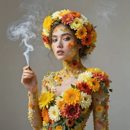 portrait of a woman made of flowers and smoke