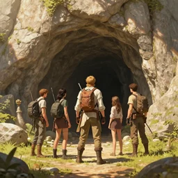 adventurers in front of a cave entrance, sunny, fantasy art, epic, 4 k
