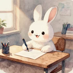 a watercolor painting of a cute happy cartoon rabbit sitting at a desk writing on a paper, Alex Ross, live colors