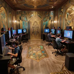 1 9 2 0 s, art deco, two boys playing game at a spacious gaming room with their hi - tech gaming setup, intricate, highly detailed, spacious, indoor, artstation, art by filip hodas and artgerm