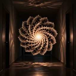 strange fractal object floating in the middle of a hallway, glowing in the dark