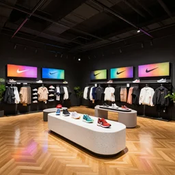 large nike boutique flagship retail. dark black walls. oak parquet floor. oblong white corian furniture with colorful shoes and varied clothes. colorful digital screens on walls. low ceilings with rails and spots. plants. muted colors. architectural photography, 8 k, realistic lighting, reflections, bloom, hyperdetailed environment, pbr materials.