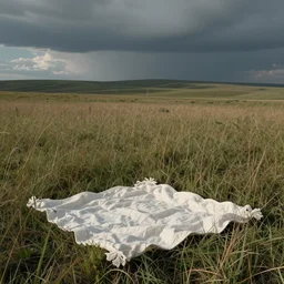 “ a small white linen picnic blanket in the foreground of a grassy prairie scene, muted colours, august, wide shot,”