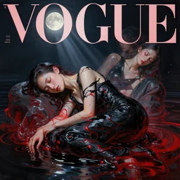 3 d, sleepy fashion model, liquid black and crimson water, night, moon rays, vogue cover style, poster art, high detail, intricate oil painting, multiple exposure, hyperrealism, 3 d, by tooth wu and wlop and beeple and greg rutkowski