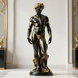 stylized onyx black gold lines ornate statue full body made of marble of judas, perfect symmetrical body, perfect symmetrical face, hyper realistic, hyper detailed, by johannen voss, by michelangelo, octane render, blender, 8 k, displayed in bright studio room art deco
