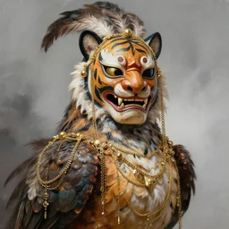 masterful fantastic realist painting an exotic ancient feathered and bejeweled bird wearing an exquisite and fiercely painted bugaku mask of a multidimensional tiger, gold chains strung like tinsel, digital painting trending on artstation, viciously blinded, volumetric lighting and mist, cosplay, portrait painting, hyperrealistic, octane render