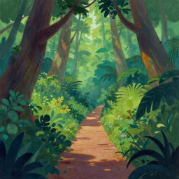 landscape forest deep jungle walkway panorama, gouache painting illustration from bambi by disney trending on artstation