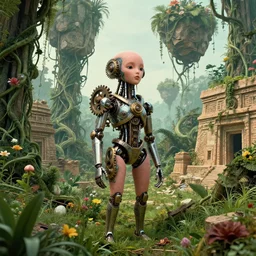 wes anderson style, cyborg, formless, cyberpunk, gears, steam, future, iamrobot movie, alien technology, beautiful, soft skin, harsh metal, overgrown forest, rubble, vines, flowers, plant life, jungle, aztec temple, decay, ruins, floating rocks connected by huge vines, sandstone buildings, alien flora