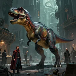 “dinosaur black market, similar to Jurassic World: Dominion, creepy city street with Dr. Strange vibes, D&D, fantasy, intricate, cinematic lighting, highly detailed, digital painting, artstation, concept art, smooth, sharp focus, illustration, art by Artgerm and Greg Rutkowski and Alphonse Mucha”