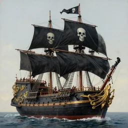 a detailed and accurate masterpiece painting of a big black galleon with a black skull flag and golden decorations on the hull, sharp detail, by tyler edlin, noah bradley, john j. park, jordan grimmer trending on artstation