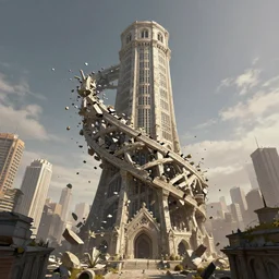 matte painting breaking pieces floating of the tower of babel. dynamic perspective. urban, detailed digital art trending in artstation