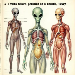 “a 1950s future prediction of an alien species biology, 1950s magazine illustration, anatomy illustration”