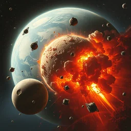 in the style of marc simonetti, planets exploding : : colliding in space, realistic brutal hateful awe shock terror