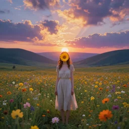 girl with a flower face, surreal photography, dream, standing in flower field, magical, in a valley, sunrise dramatic light, impressionist painting, colorful clouds, artstation, simon stalenhag, flower face