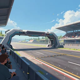 wide angle shot of a futuristic vehicle racetrack finish line from the attendee stands with confetti on a sunny day with a clear blue sky, cyberpunk, profile shot, digital painting, good value control,