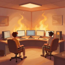 a discord server room on fire,by Jeremy Mann, stylized, detailed, loose brush strokes, warm tones
