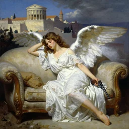 beautiful painting of a beautiful angel lounging on a couch wearing whit flowing lace linens holding a gun with a roman town in the background by frank frazetta, charlie bowater, magali villeneuve, j. c. leyendecker, ray - traced lighting,